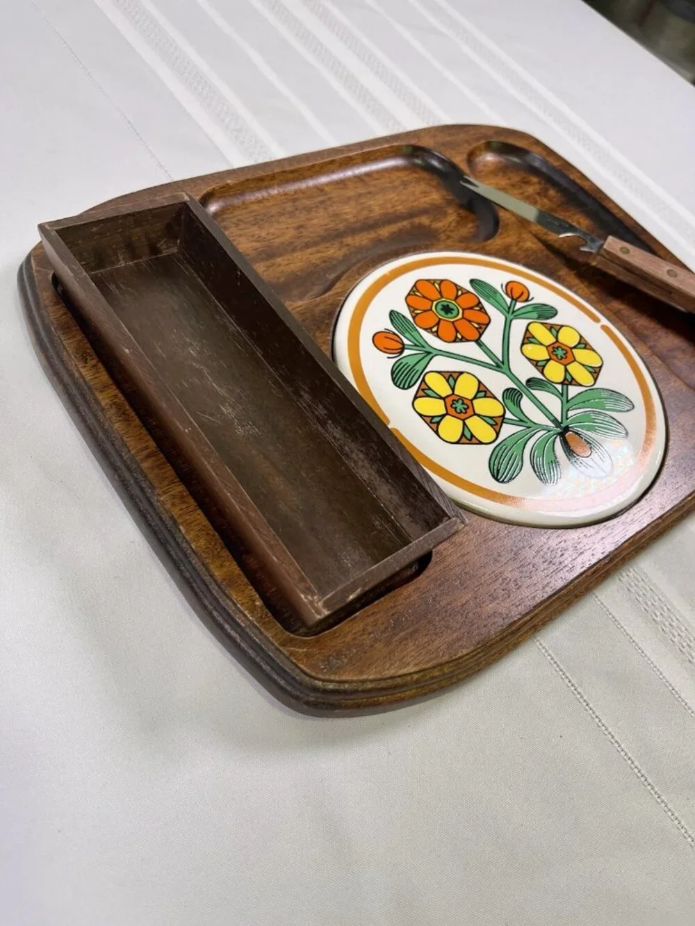 VTG 1970s Himark Septawood Cheese Board Serving MCM Retro Mod Flower Power